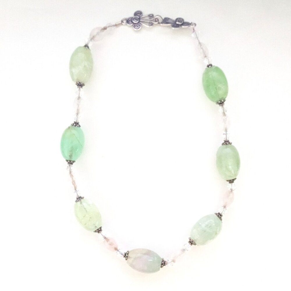 Artisan GREEN QUARTZ Stone AB Aurora Borealis Glass Sterling Clasp Necklace